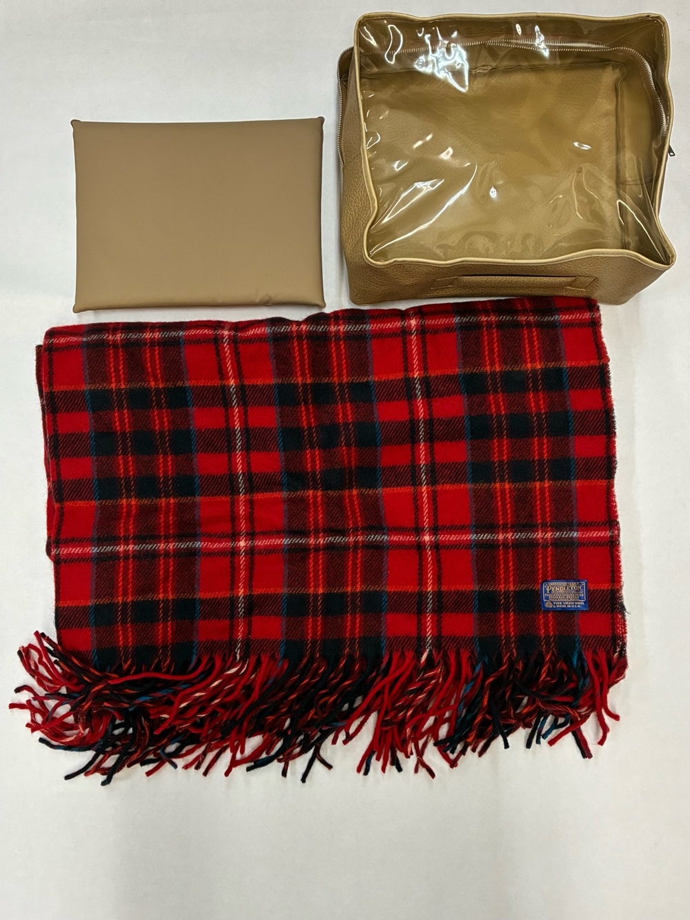 Vintage Pendleton Red Blue Black Plaid Wool Picnic Stadium Blanket